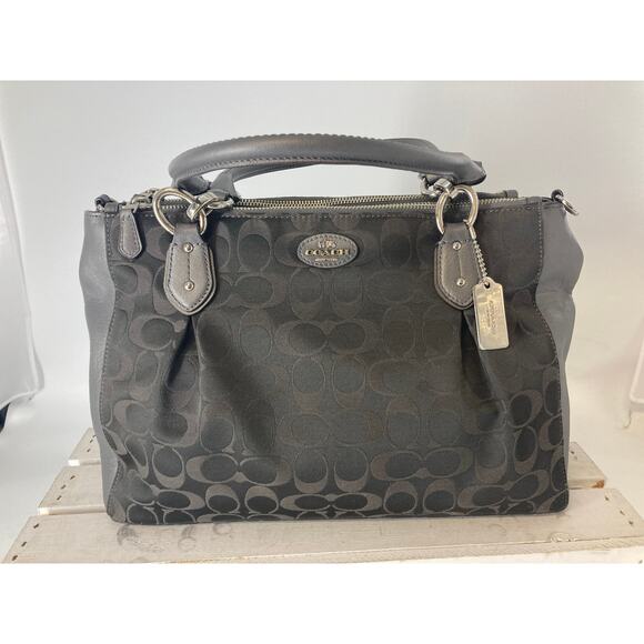 COACH F33451 BLACK GRAY METALIC SIGNATURE LARGE HANDBAG - Picture 1 of 16